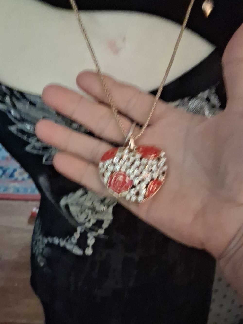 Heart Pendant Necklace with Red Enamel and Crystal Accents VINTAGE BETSY JOHNSON